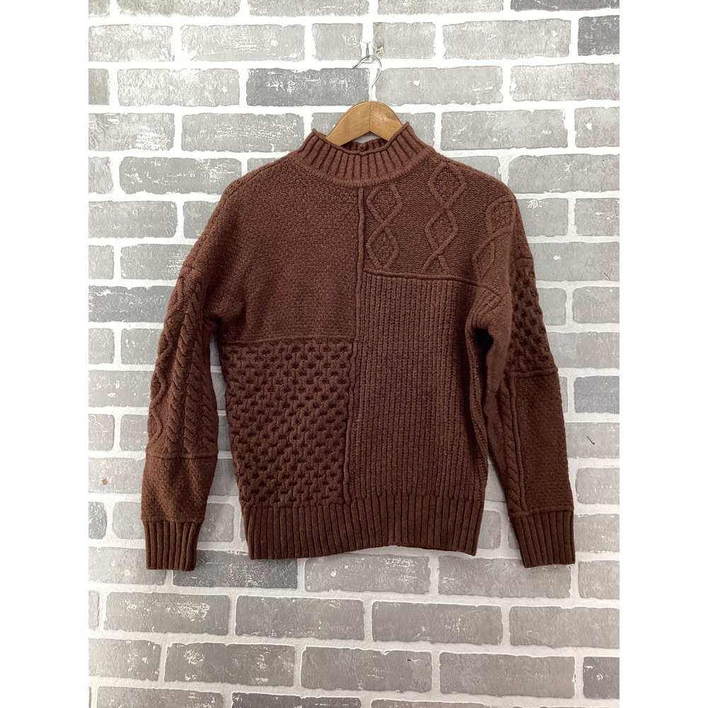 American Eagle Brown Patchwork Cable Knit Mock Neck Sweater Womens XS